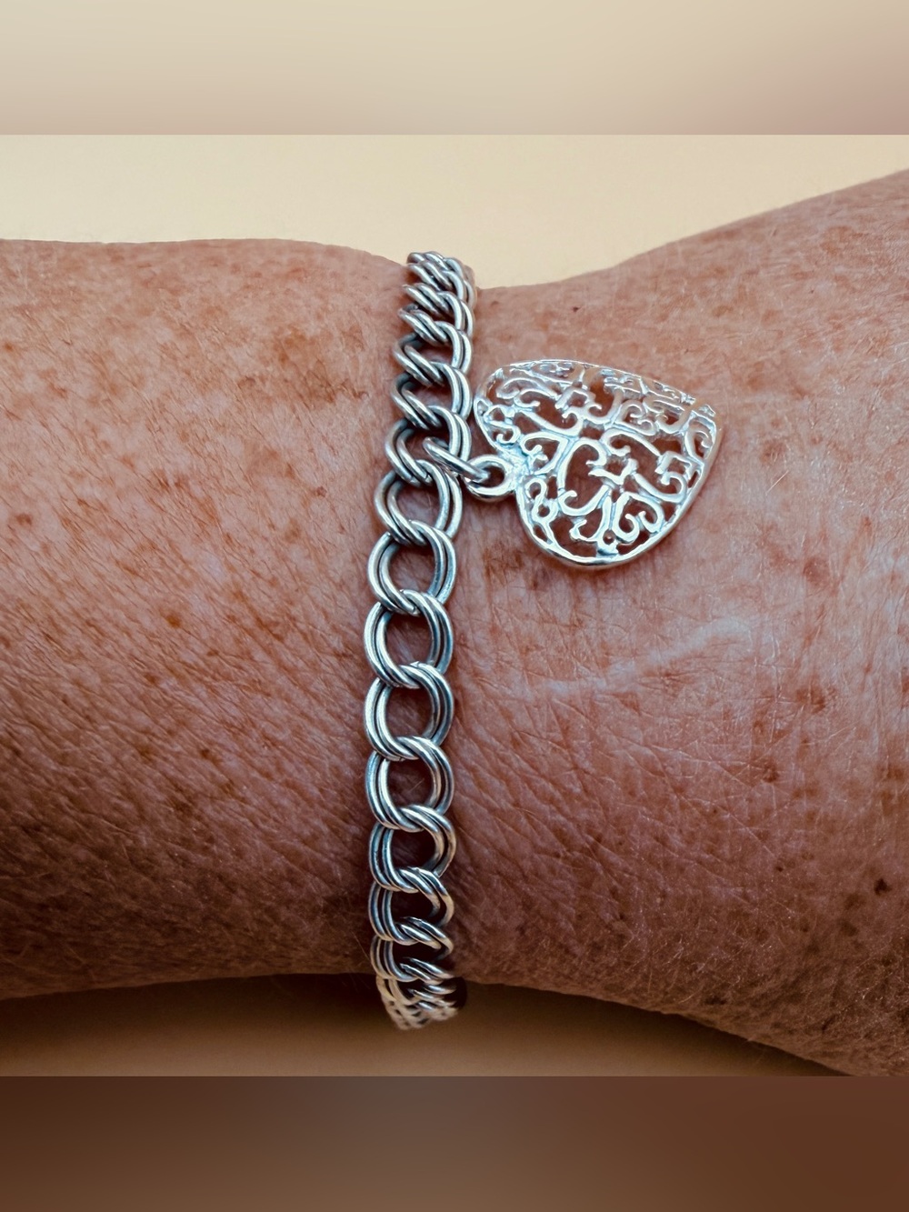Sterling Silver Filigree Heart Charm Bracelet Starter 7” Double Link Coquette